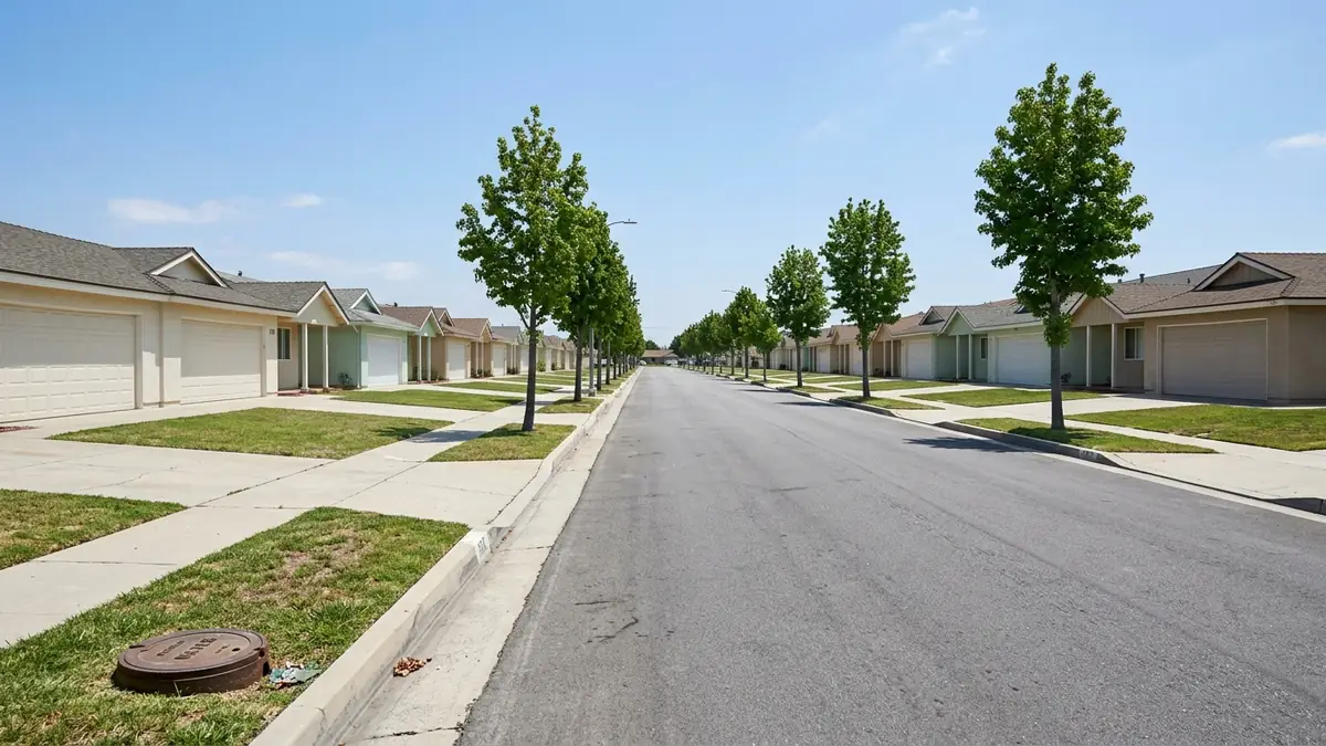 A wide straight La Mirada street of near-identical single-storey 1960s tract houses - Leak Detection in La Habra
