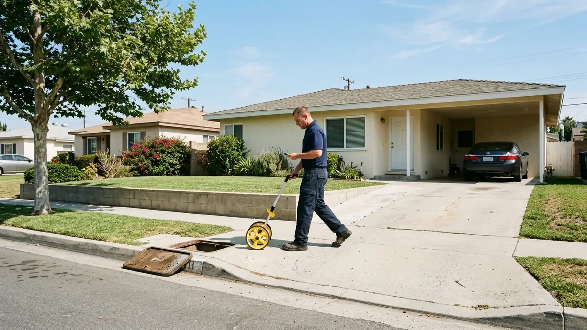 Technician pacing a measuring wheel from an open meter box at the kerb up the driveway of a La Habra tract house - Leak Detection in La Habra
